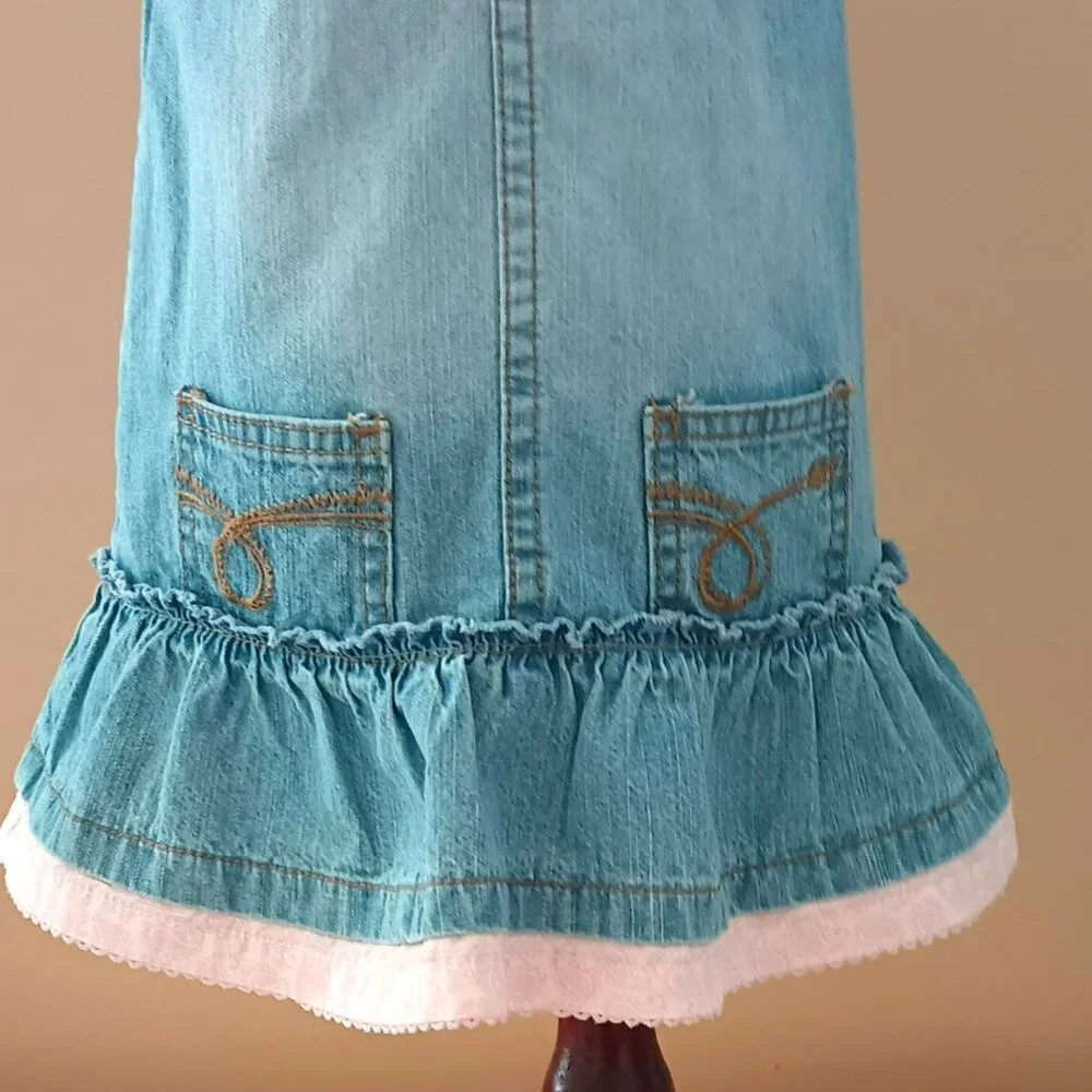 Embroidered Denim Overall Dress 9-12M Pink Ruffle Hem and Butterflies Pockets